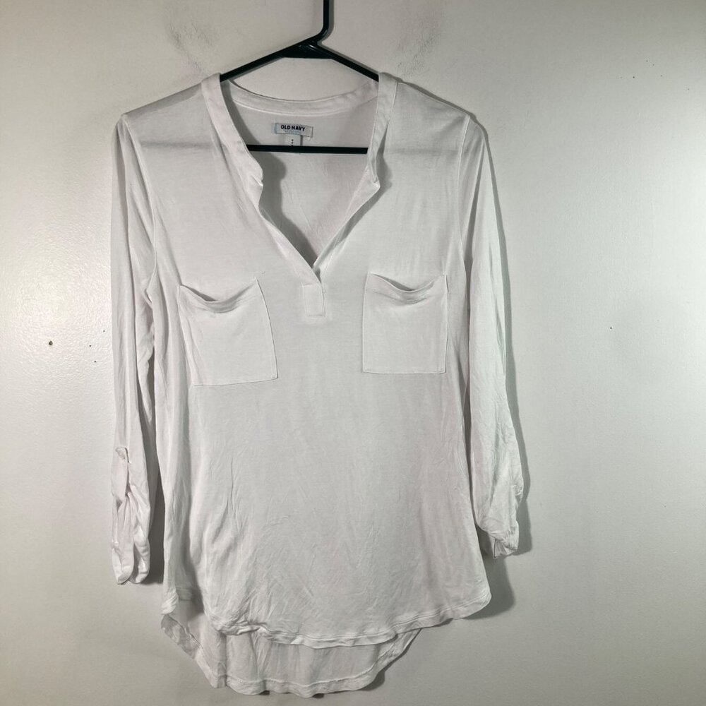 Womens Old Navy V Neck Knit Tee Tunic White S Roll Tab Sleeve Rayon Flaw